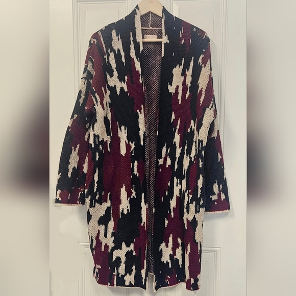 Women's Knox Rose Open Front Duster Cardigan Sweater Camo Navy & Red Size M - Picture 1 of 11